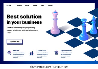 Website providing the service of best solution in your business. Concept of a landing page for best solution in your business. Vector website template with 3d isometric illustration of a chess