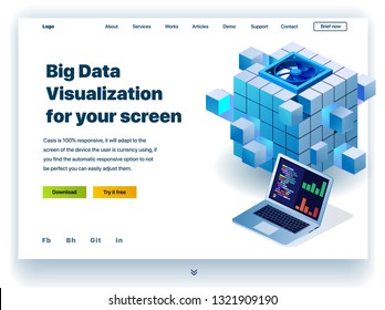 Website providing the service of big data visualization for your screen. Concept of a landing page for big data center. Vector website template with 3d isometric illustration of a big data and laptop