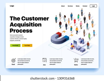 Website providing the service of the customer acquisition process. Concept of a landing page for customer acquisition process. Vector website template with 3d isometric illustration magnet and client