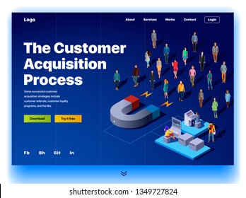 Website providing the service of the customer acquisition process. Concept of a landing page for customer acquisition process. Vector website template with 3d isometric illustration magnet and client