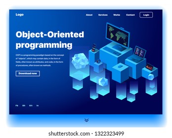 Website providing the service of object-oriented programming. Concept of a landing page for object-oriented programming. Vector website template with 3d isometric illustration of a devices programming