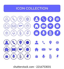 Website purple vector icons set. Communication icon symbol, contact us, location, address, phone, mail, microphone, attach, pin. In flat, line modern style.