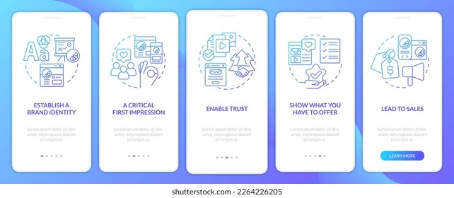 Website quality importance blue gradient onboarding mobile app screen. Walkthrough 5 graphic instructions with linear concepts. UI, UX, GUI template. Myriad Pro-Bold, Regular fonts used