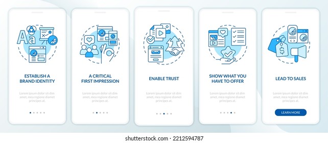 Website Quality Importance Blue Onboarding Mobile App Screen. Brand Walkthrough 5 Steps Editable Graphic Instructions With Linear Concepts. UI, UX, GUI Template. Myriad Pro-Bold, Regular Fonts Used