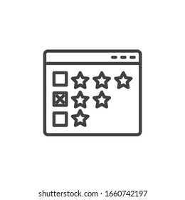 Website Ranking line icon. Web Page feedback linear style sign for mobile concept and web design. Website page with rating stars outline vector icon. Symbol, logo illustration. Vector graphics
