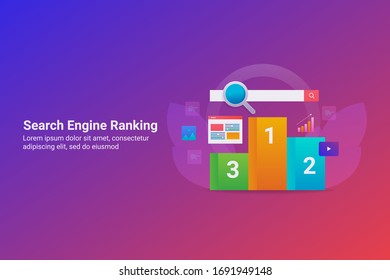 Website ranking, Search engine ranking, Search result - conceptual vector illustration with icons and texts