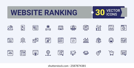 Website Ranking set of modern icons. Includes icons for content, business, seo, link, media, mobile and more. Thin linear style icons. Solid line editable stroke.