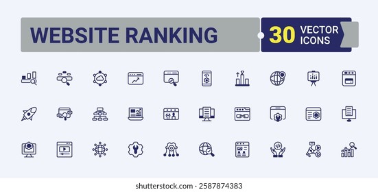 Website Ranking set of modern icons. Includes icons for content, business, seo, link, media, mobile and more. Thin linear style icons. Solid line editable stroke.