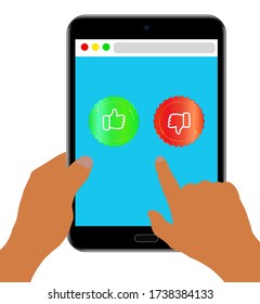 Comentarios sobre la clasificación del sitio web. Manos sosteniendo el comprimido. Ilustración vectorial en fondo aislado blanco. 