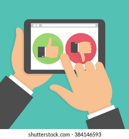 Website rating feedback and review concept. Hand holding and pointing to a tablet with like and dislike hand sign button on the screen. Vector illustration in flat style