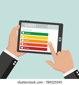 	
Website rating feedback and review concept. Hand holding and pointing to a tablet with like and dislike hand sign button on the screen. Vector illustration in flat style - stock vector