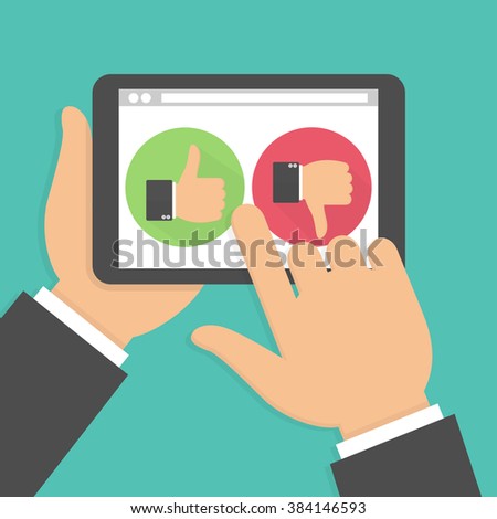 Website rating feedback and review concept. Hand holding and pointing to a tablet with like and dislike hand sign button on the screen. Vector illustration in flat style