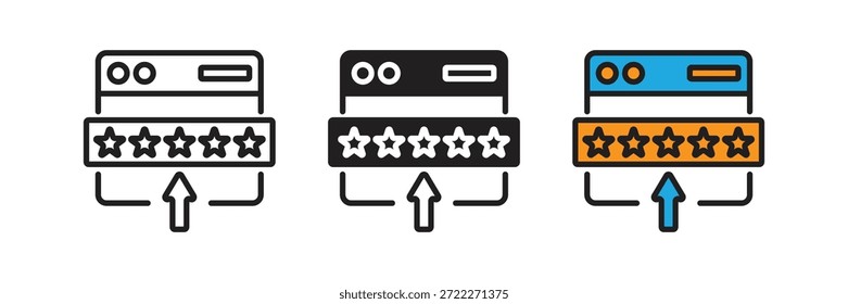 Icono de clasificación de Sitio web. Interfaz de navegador digital con una flecha Cargar y una escala de estrellas, que representa el Comentarios en línea, la evaluación de software y las calificaciones de rendimiento del servicio de Web.