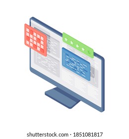 Website rating isometric icon. Monitor with quality stars and coding program. Friendly interface and constant customer support. Reliable protection of online traffic vector illustration.