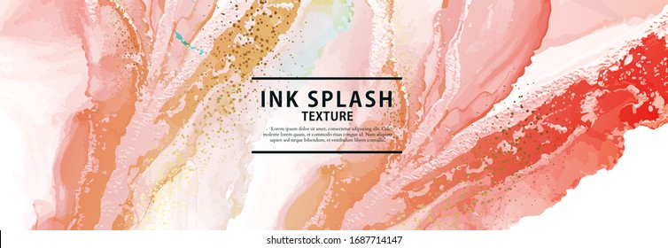 Website rec coral yellow and gold alcohol ink banner. Watercolor color ink design for cosmetics, spa, perfume, health care products, aroma, wedding invitation. Modern vector 2020.