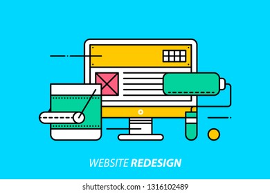 Website Redesign. Colorful Illustration On Bright Cyan Background. Modern Outline Style. 
