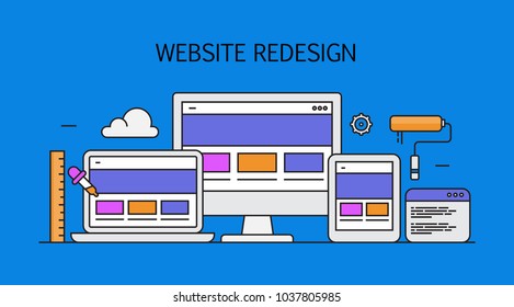 Website redesign, web design, responsive website flat style line vector illustration