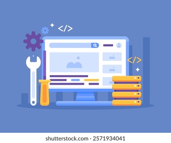 website repair and maintenance concept. website development. repair and maintenance of servers and domain addresses. services and technology. illustrations. flat style design. elements