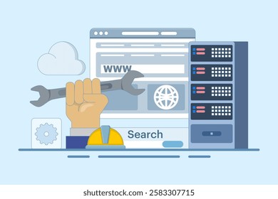 website repair and maintenance concept. website development. server and domain address repair and maintenance. services and technologies. flat style design illustration on background.