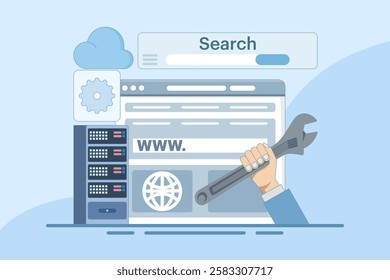 website repair and maintenance concept. website development. server and domain address repair and maintenance. services and technologies. flat style design illustration on background.