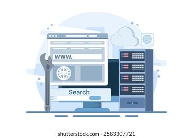 website repair and maintenance concept. website development. server and domain address repair and maintenance. services and technologies. flat style design illustration on background.