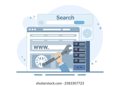 website repair and maintenance concept. website development. server and domain address repair and maintenance. services and technologies. flat style design illustration on background.