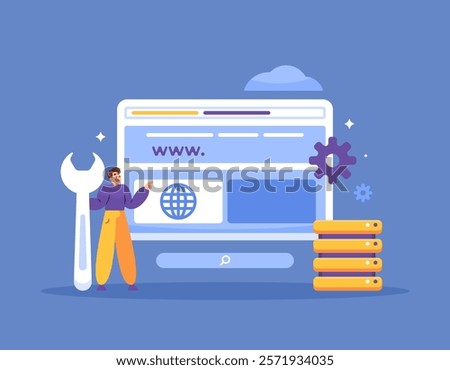 website repair and maintenance concept. website development. repair and maintenance of servers and domain addresses. services and technology. illustrations. flat style design. elements