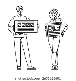 website responsive images vector. app mobile, device phone, mockup poll website responsive images character. people black line pencil drawing illustration