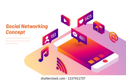 Website responsive landing page design with collection of various social media elements and isometric illustration of smartphone for Social Networking concept.