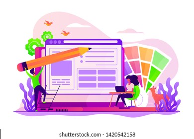Website responsive ui, gui development business. Designers team working with laptops, create app ux. Web design, user Interface, User Experience concept. Vector isolated concept creative illustration