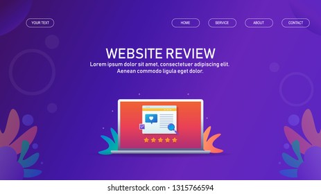 Website review, User rating, Customer feedback on computer screen flat design vector banner with icons and texts