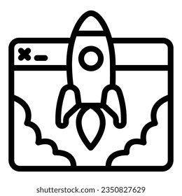 Website and Rocket Launch line icon, startup concept, Site launch sign on white background, rocket launching from tablet icon in outline for mobile web design. Vector graphics.