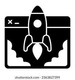 Website and Rocket Launch solid icon, startup concept, Site launch sign on white background, rocket launching from tablet icon in glyph style for mobile and web design. Vector graphics
