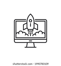 Website and Rocket Launch thin line icon, startup concept, Site launch sign on white background, rocket launching from tablet icon in outline style for mobile and web design. Vector graphics.