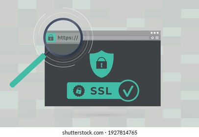 Website with safe https SSL certificate encryption. Browser window with HyperText Transfer Protocol Secure url in web address bar. SSL Advantage TLS Transport Layer Security.