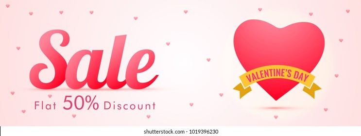 Website Sale Banner with 50% Discount Offer, Valentines Day concept. Pink Heart Shape.