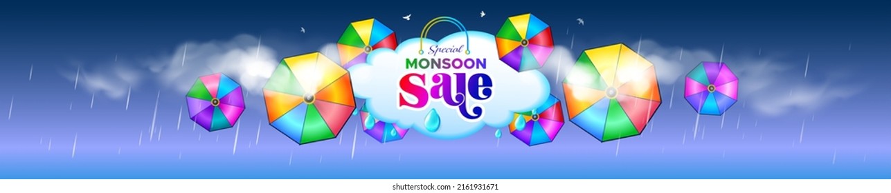 Website sale banner concept. Monsoon promotional deal discount with shopping bag. Vector illustration