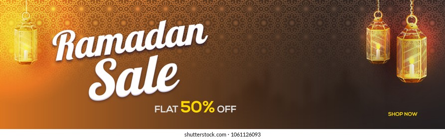 Website Sale Banner Design, With Illuminated  Lanterns And 50% Off Offers For Holy Month Of Ramadan Festival.