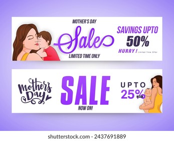 Website Sale Banner or Header Design with Different Discount Offer on Limited Time for Happy Mother's Day, Illustration of Young Woman Holding Her Child.