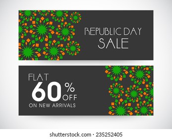 Cabecera de venta de sitios web o banner puesto con 60% de descuento y diseño floral en colores de bandera nacional para las celebraciones del Día de la República India. 