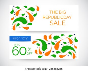 Website sale header or banner set with 60% off and floral design in national flag colors for Indian Republic Day celebrations.