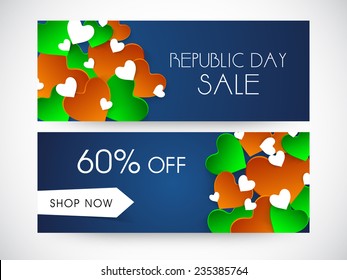 Website-Verkauf Kopfzeile oder Banner Set mit 60% Rabatt und Herzen in nationalen Flaggenfarben für Indische Republik Tag Feiern.