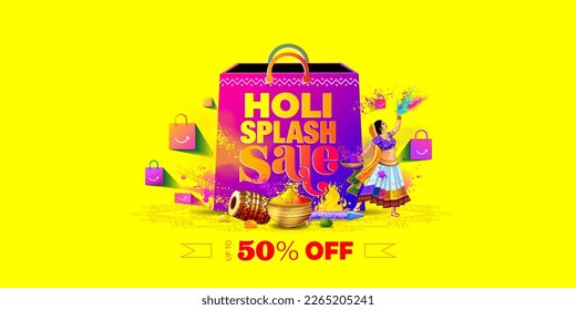 Website Sale offers discount and deals Logo banner concept. Holi Festival with Colorful color splash and big shopping Bag background. upto 50% off text.