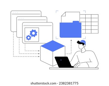 Raspando sitios web ilustraciones aisladas de vectores de caricaturas. El hombre se ocupa del raspado de sitios web, la tecnología informática moderna, la transferencia de datos, el software para automatizar la cartografía vectorial de procesos empresariales.