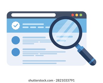 Website search analysis vector illustration featuring browser window and magnifying glass isolated on white background for SEO audits digital marketing research optimization and online performance evaluation.
