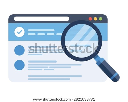 Website search analysis vector illustration featuring browser window and magnifying glass isolated on white background for SEO audits digital marketing research optimization and online performance evaluation.