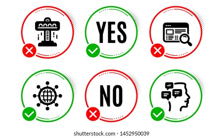 Website search, Attraction and International globe icons simple set. Yes no check box. Messages sign. Find internet, Free fall, World networking. Notifications. Technology set. Vector