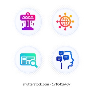 Website search, Attraction and International globe icons simple set. Button with halftone dots. Messages sign. Find internet, Free fall, World networking. Notifications. Technology set. Vector