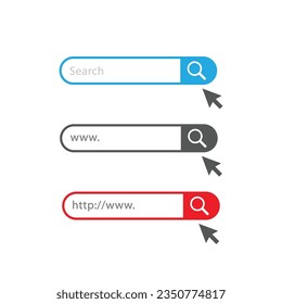 Website search bar with mouse cursor icon set. Browser user interface element.