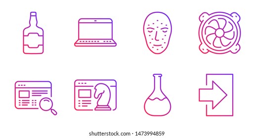Website search, Computer fan and Chemistry lab line icons set. Notebook, Face biometrics and Seo strategy signs. Whiskey bottle, Login symbols. Find internet, Pc ventilator. Business set. Vector